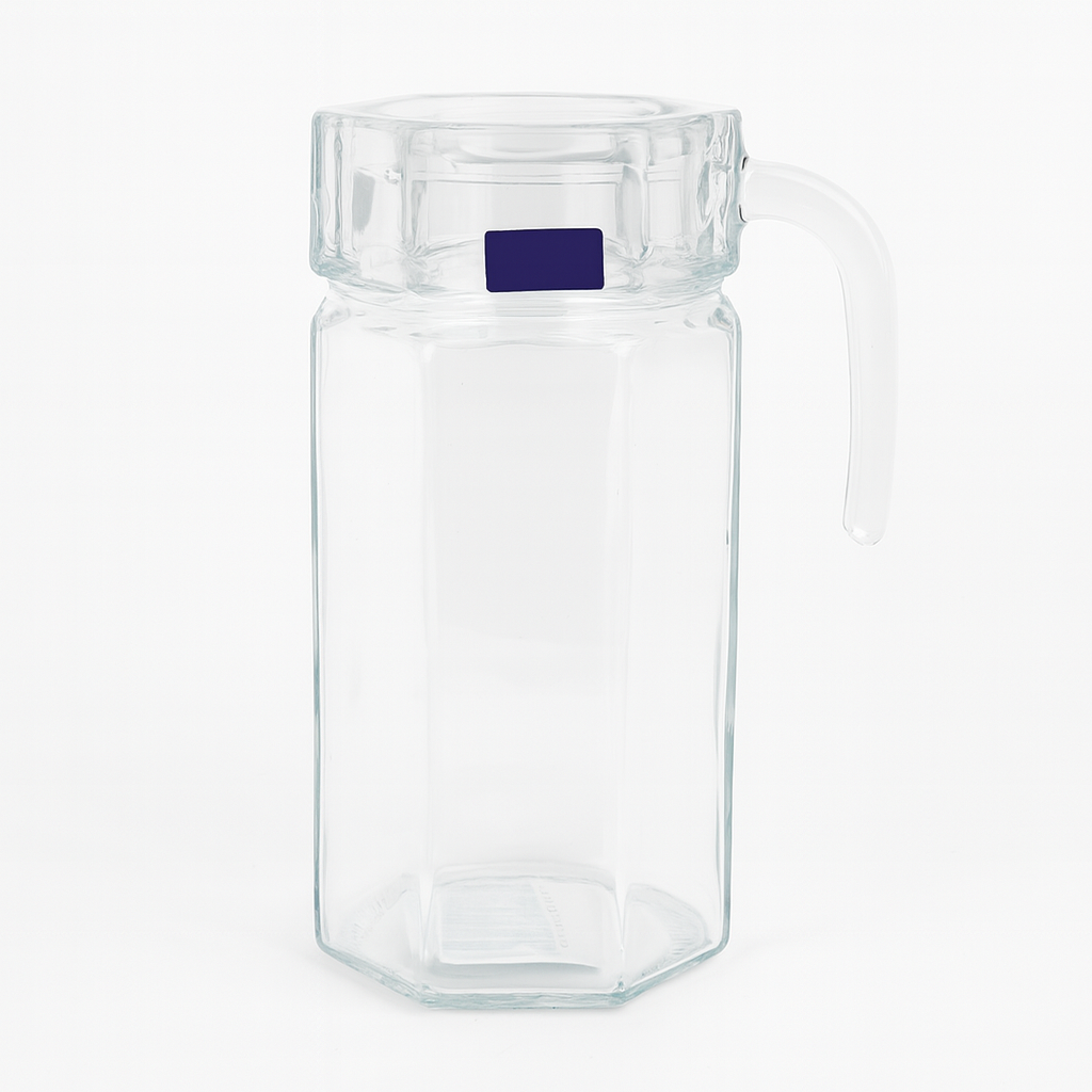 Clear Glass Jug 1250 ml with Handle – Modern Hexagonal Water & Juice Pitcher - Habitt