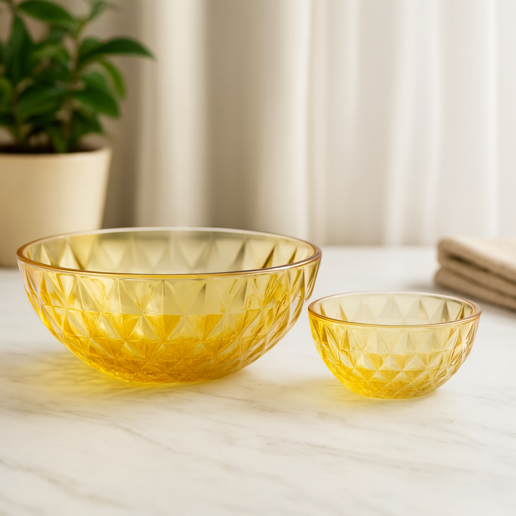 Amber-Tinted Diamond-Cut 7-Piece Fruit & Serving Bowl Set – Premium Coloured Pressed Glass - Habitt