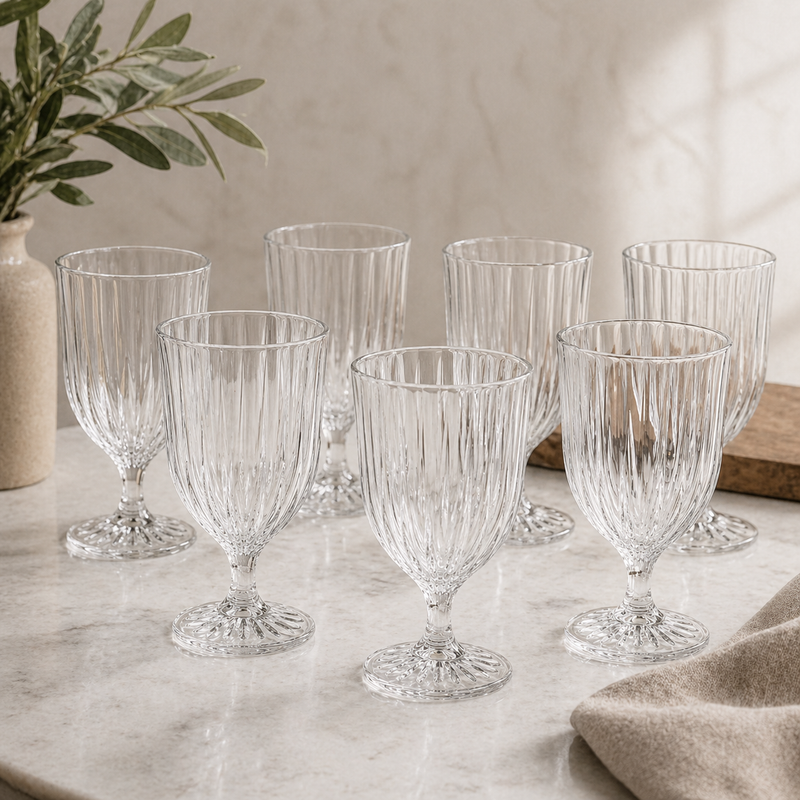 Elegant Ribbed Crystal Wine Glass Set – Vintage Style Goblet Glasses (Set of 6) | Premium Clear Stemware for Red & White Wine - Habitt