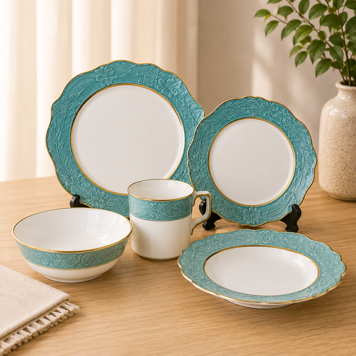 44-Piece Premium Porcelain Set Elegant Turquoise Embossed Design with Gold Rim | 6 Person Serving