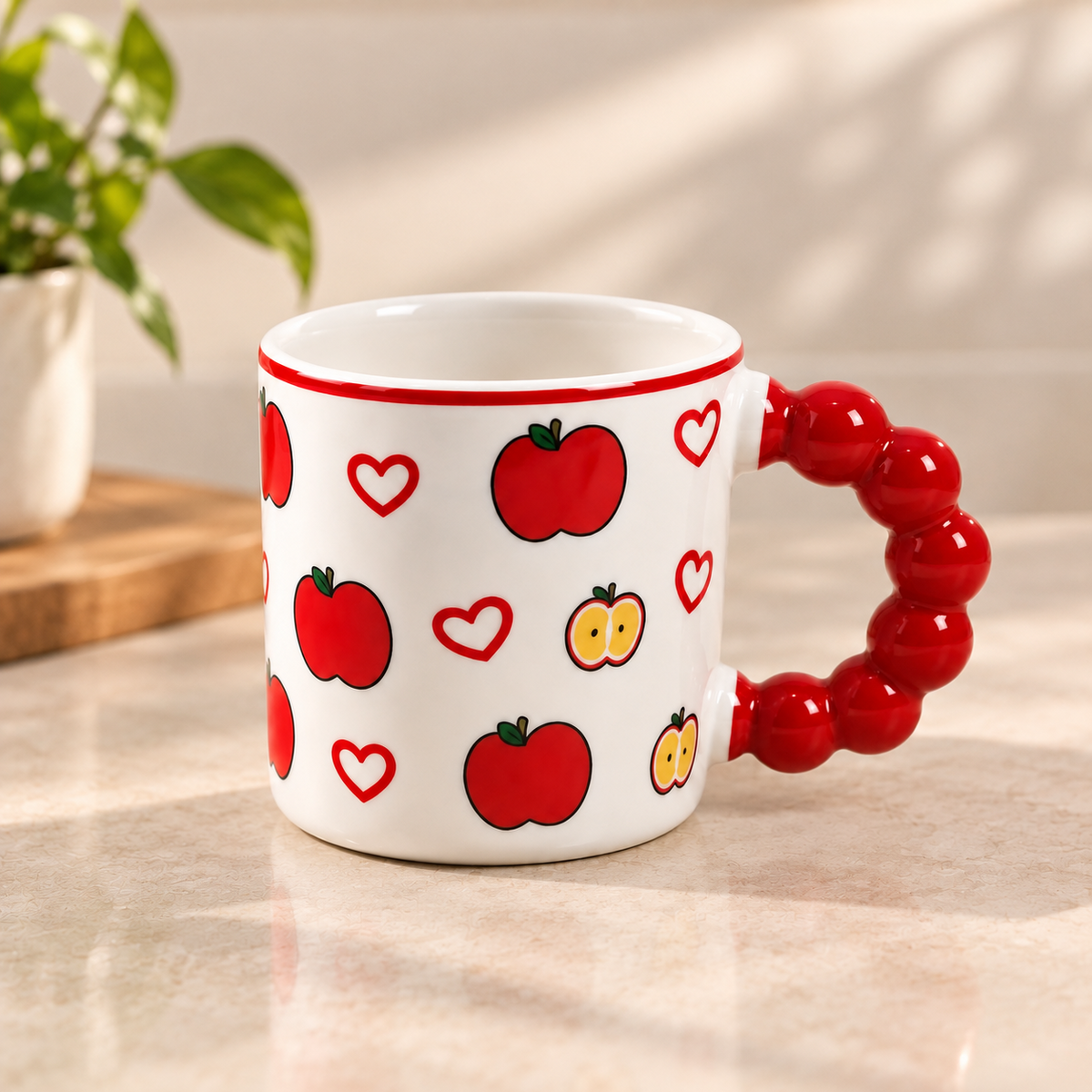 Cute Fruit Print Ceramic Coffee Mug with Red Handle – Tea & Coffee Cup