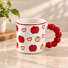 Cute Fruit Print Ceramic Coffee Mug with Red Handle – Tea & Coffee Cup