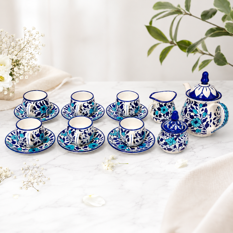 Handcrafted Multi Blue Pottery Ceramic Tea Set – 15 Piece Floral Tea Serving Set - Habitt
