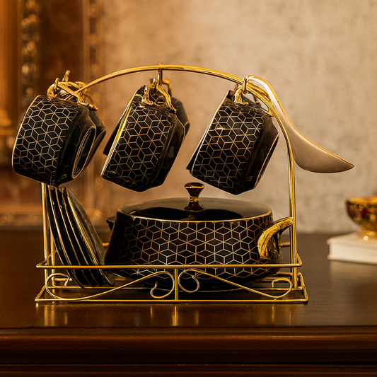 Luxury Soup Set with Stand – 22 Pieces | Black & Gold