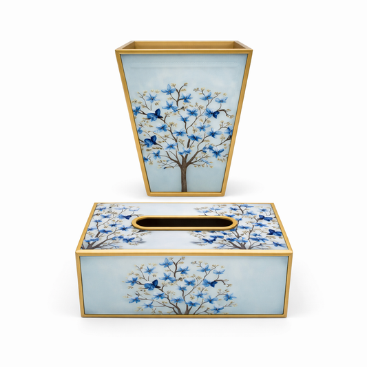 Elegant Blue Blossom Tree Print Dustbin Set – Decorative Waste Bin & Tissue Box Combo