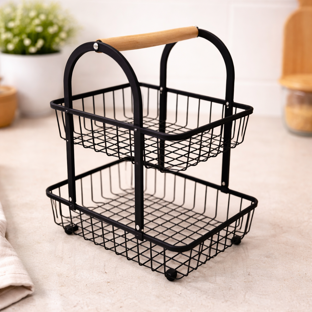 2-Tier Metal Fruit Basket – Black Wire Storage Rack with Wooden Handle - Habitt