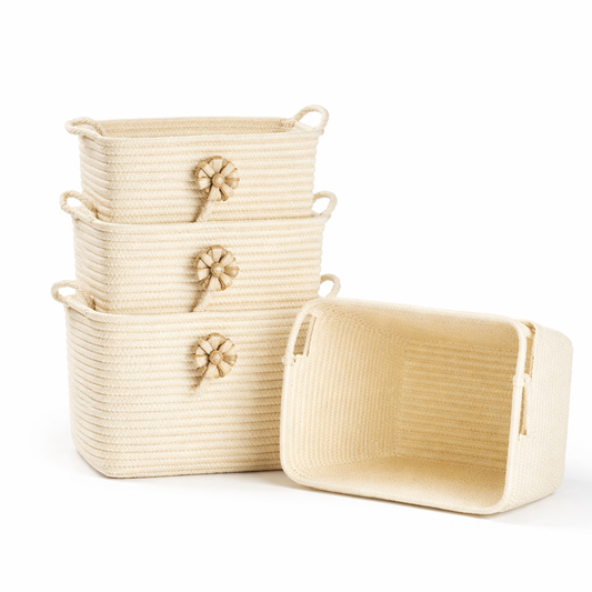 1 Pc Rectangular Cotton Rope Storage Basket with Flower Design – Decorative Organizer with Handles for Kitchen & Home - Habitt