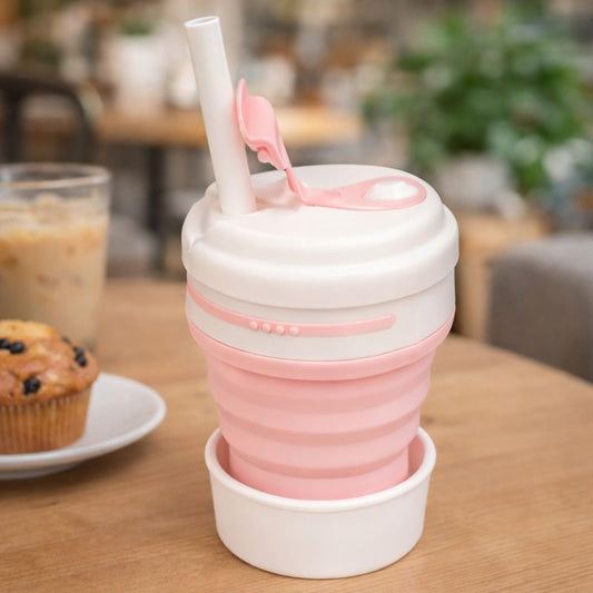 Silicone Collapsible Coffee Cup with Lid & Straw – Reusable Foldable Travel Mug