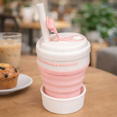 Silicone Collapsible Coffee Cup with Lid & Straw – Reusable Foldable Travel Mug