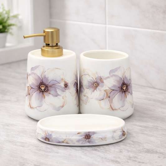 4-Piece Floral Bathroom Accessories Set – White with Purple Flower Design Soap Dispenser, Toothbrush Holder & Soap Dish - Habitt