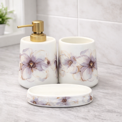 4-Piece Floral Bathroom Accessories Set – White with Purple Flower Design Soap Dispenser, Toothbrush Holder & Soap Dish - Habitt