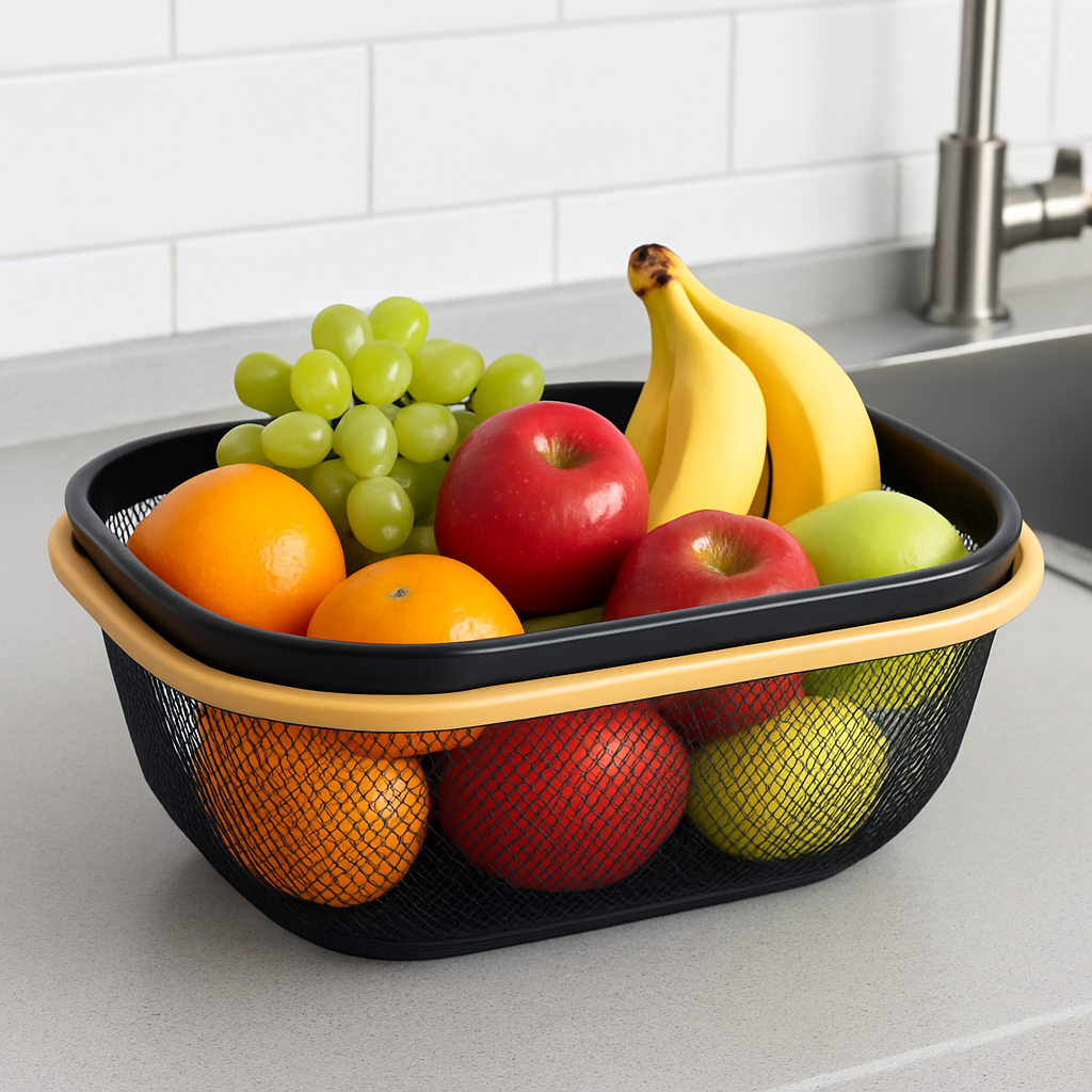 Oval Metal Mesh Basket with Wooden Rim – Small | Modern Decorative Storage & Fruit Bowl