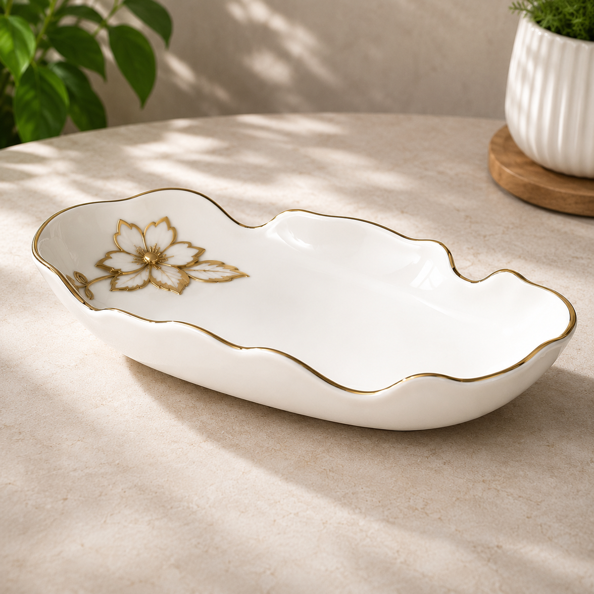 Elegant Floral Serving Dish with Gold Rim | Decorative Serving Platter