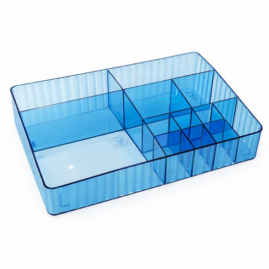 Multi-Compartment Cosmetic Organizer Tray – Transparent Blue Makeup Storage Box