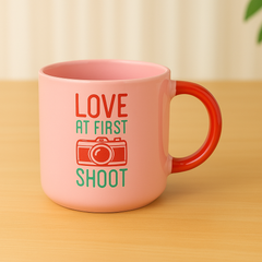 “Love at First Shoot” Ceramic Mug – Pink & Red