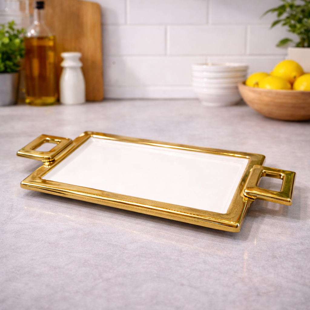 Handle Strip Plate – Golden Rectangular Serving Tray - Habitt