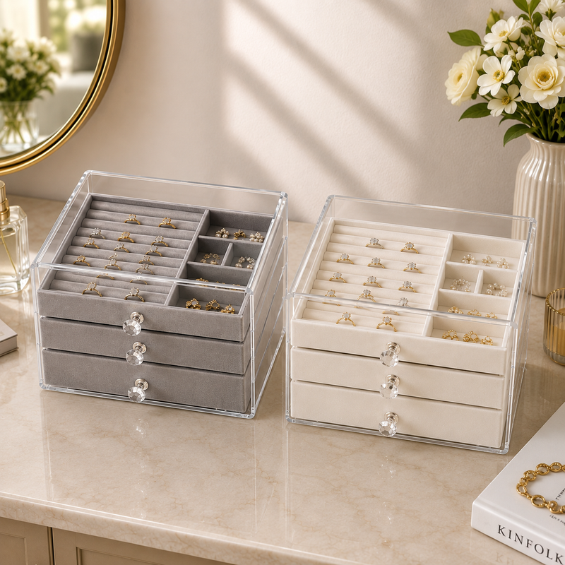 Assorted Multi-Tier Jewellery Box with Clear Compartments & Crystal Knobs