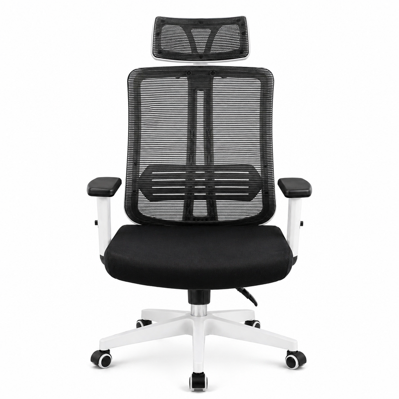 Vigo Executive Office Chair in Black & White Mesh with Adjustable Headrest, Lumbar Support & Cushioned Seat – Ergonomic Workspace Seating - Habitt