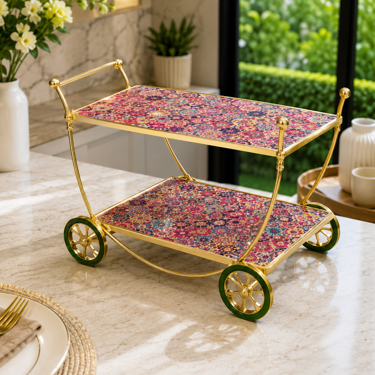 Luxury Gold 2-Tier Serving Cart with Artistic Glass Shelves | Premium Rolling Beverage Trolley (Copy) (Copy)