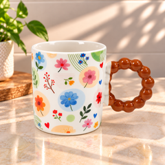 Colourful Floral Ceramic Coffee Mug with Beaded Handle – Cute Tea & Coffee Cup