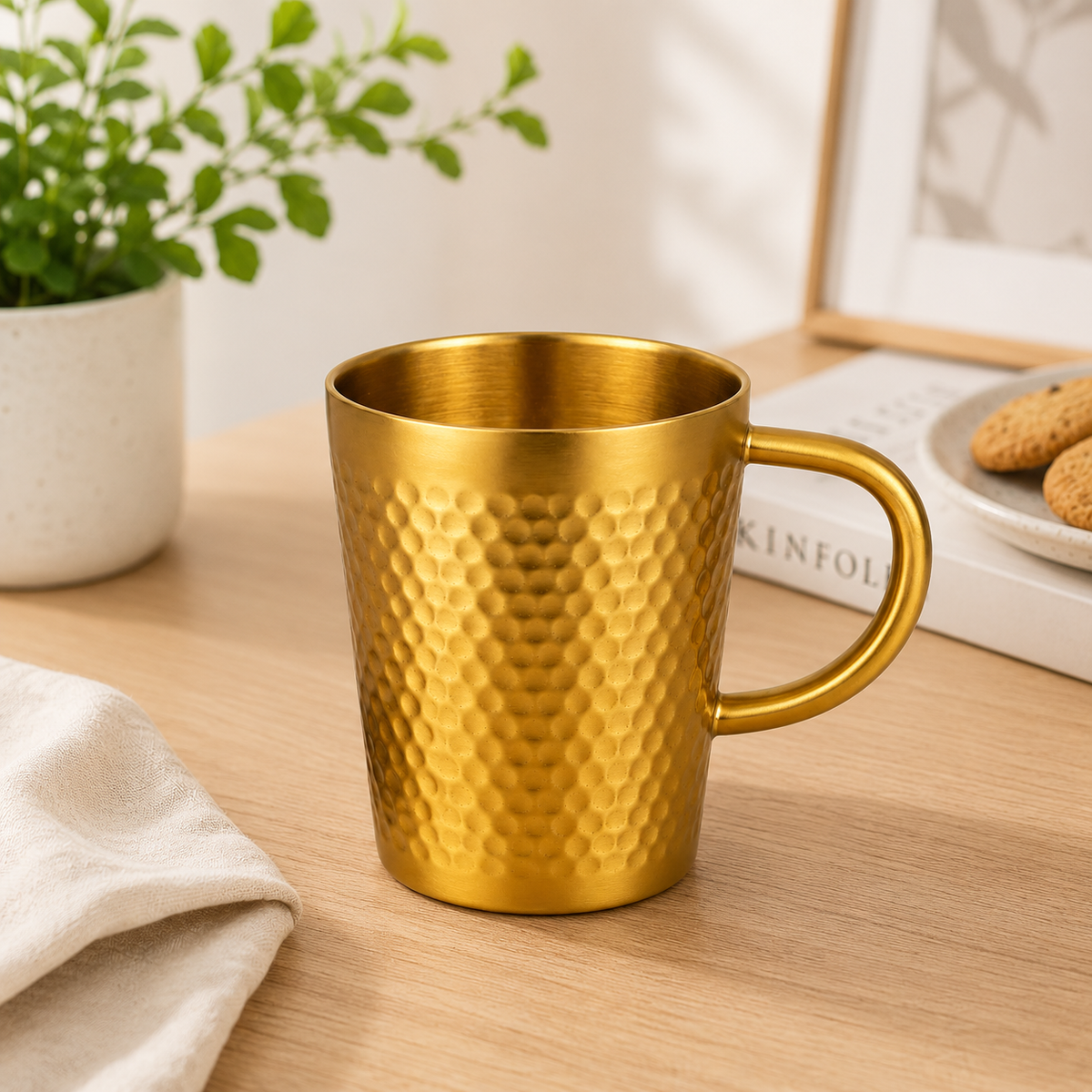 Hammered Golden Stainless Steel Tea Cup – 300ml | Luxury Gold Finish Mug for Tea & Coffee