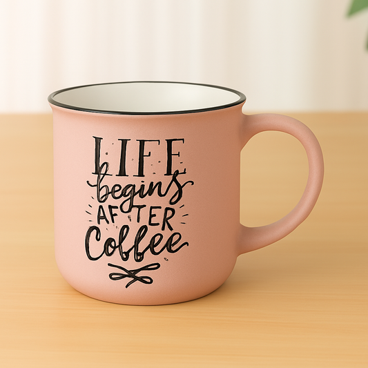 “Life Begins After Coffee” Pink Ceramic Mug – Motivational Coffee Cup for Daily Inspiration
