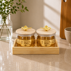 3 Piece Transparent Jar Set with Wooden Tray | Kitchen Storage Organizer