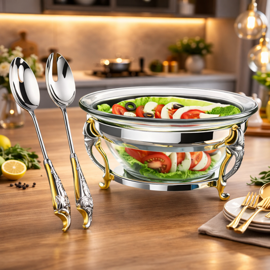 MALAIKA Salad Bowl – Elegant Serving Bowl with Servers - Habitt