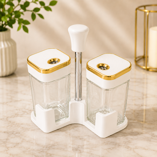 Premium 2PCS White Glass Spice Bottle Set with Stand & Gold Lid Accent - Habitt