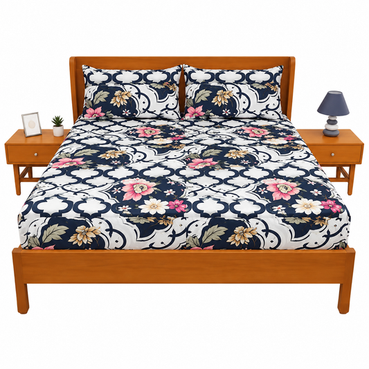 Floral Arch Black & White Double Bed Sheet – Elegant Floral Geometric Design