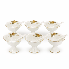 Elegant White & Gold Pedestal Ice Cream Bowl Set – 6-Piece Floral Dessert Cups with Spoons