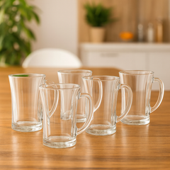 Clear Flared Glass Juice Mug 320 ml with Handle – Set of 6 | Elegant Everyday Drinkware for Home & Café