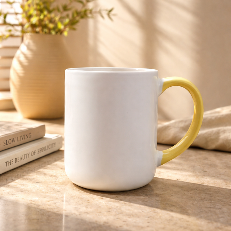 White Ceramic Coffee Mug with Yellow Inner & Handle | Minimalist Contrast Tea Cup | Modern Aesthetic Drinkware - Habitt