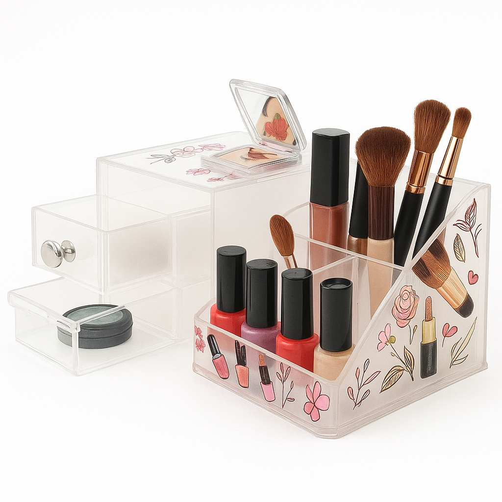 Clear Beauty Organizer – Multi-Slot Floral Makeup Holder with Drawer