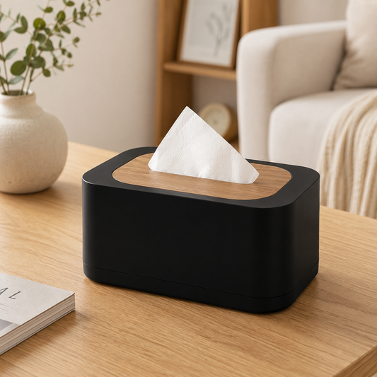 Premium Oval Black Tissue Box Holder with Wooden Lid | Modern Tissue Paper Storage Box for Home, Office, Bathroom & Living Room
