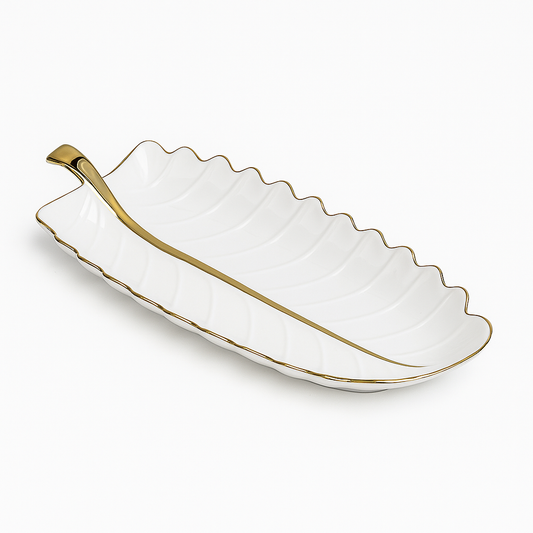 Super Dine Deep Leaf Platter – White & Gold Ceramic Serving Dish