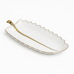 Super Dine Deep Leaf Platter – White & Gold Ceramic Serving Dish