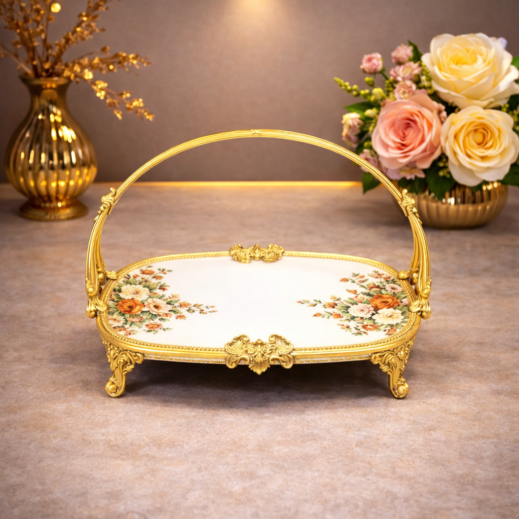 Round Flat Basket Tray – Elegant Floral Serving Tray with Handle - Habitt