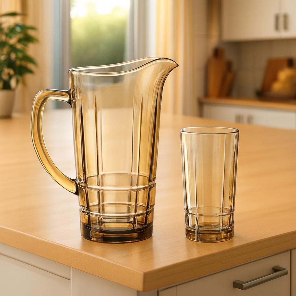 Smoke-Tinted 7-Piece Water Set – 1.7 L Jug with 278 ml Glasses (Premium Panel-Design Glassware)