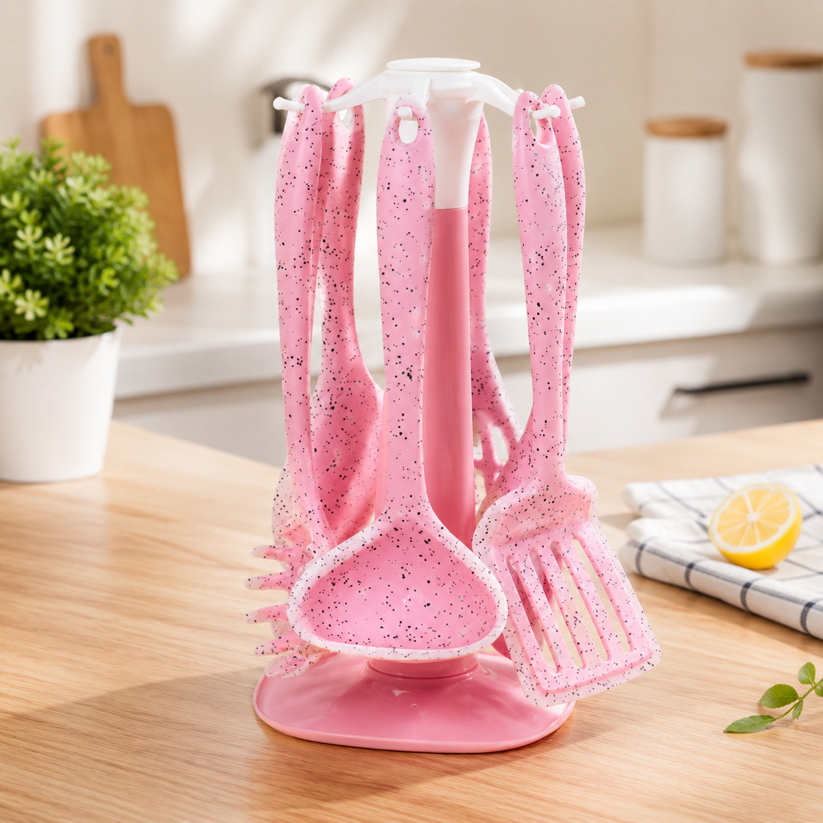 7 PCS Premium Pink Speckled Silicone Kitchen Utensil Set with Rotating Stand | Heat-Resistant Non-Stick Cooking Spoon Set