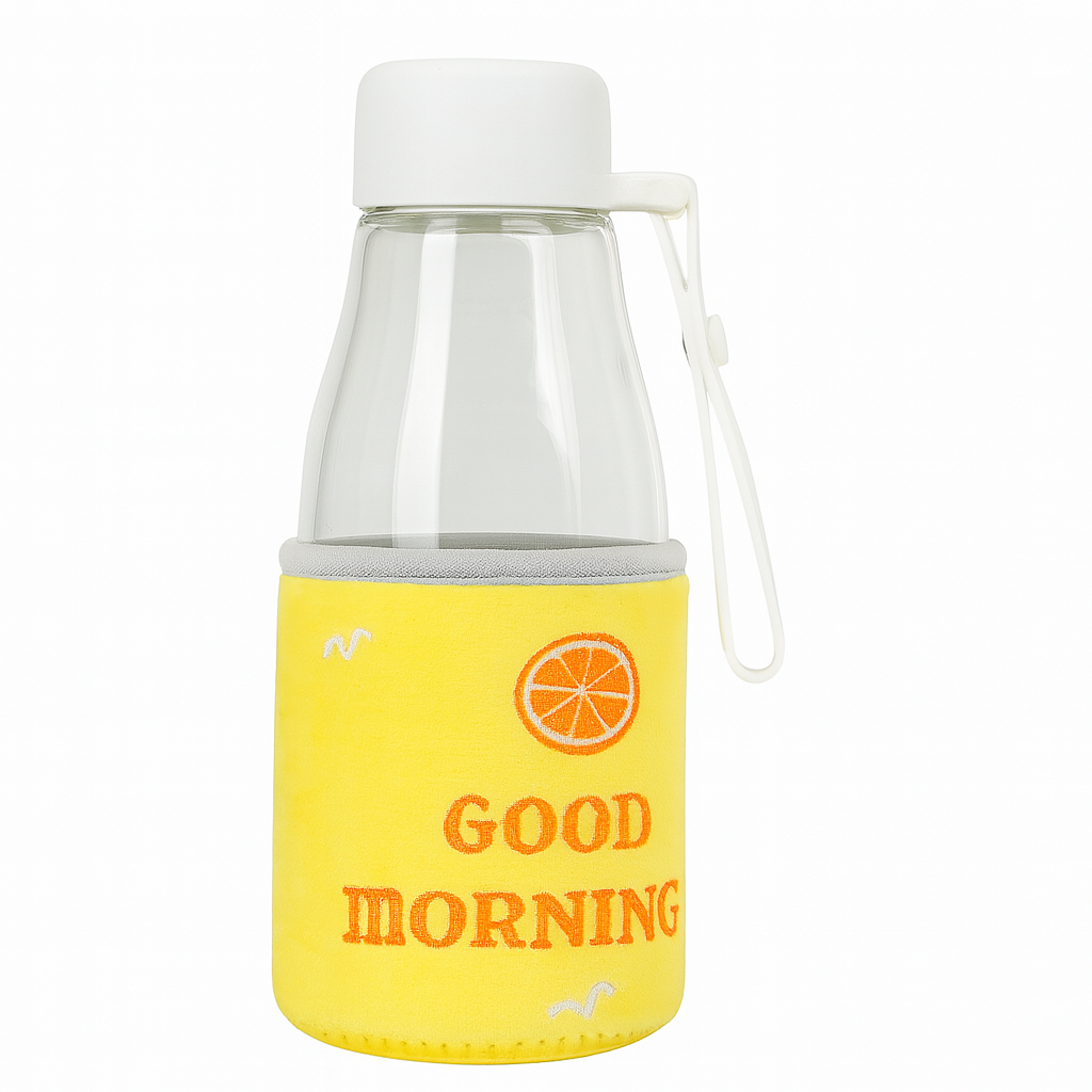 Glass Water Bottle with Yellow “Good Morning” Insulated Sleeve – Leak-Proof Clear Bottle for Office, School & Daily Hydration