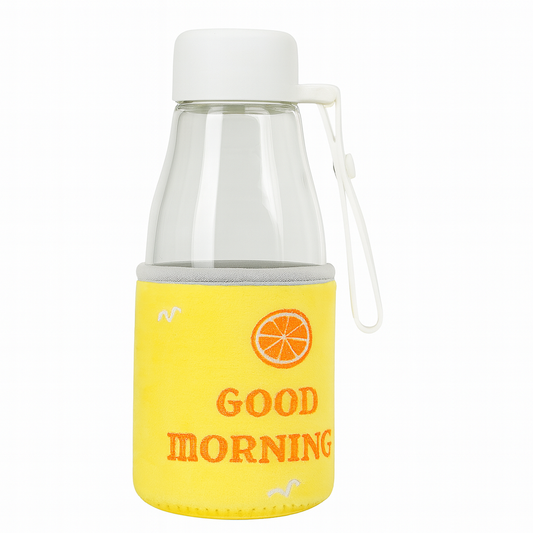 Glass Water Bottle with Yellow “Good Morning” Insulated Sleeve – Leak-Proof Clear Bottle for Office, School & Daily Hydration