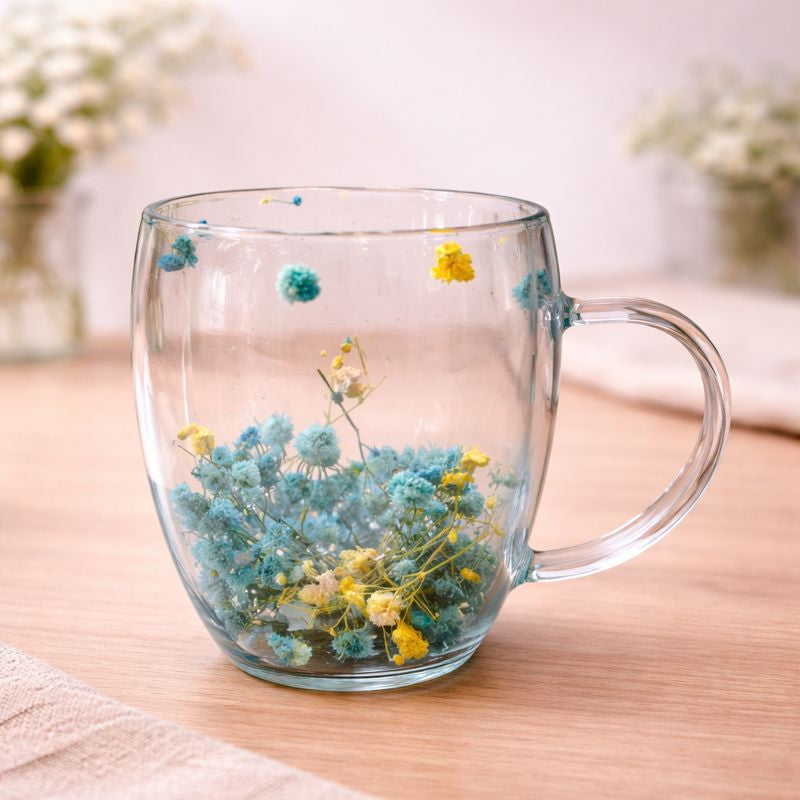 Double Wall Floral Mug – Transparent Tea & Coffee Cup with Dried Flowers