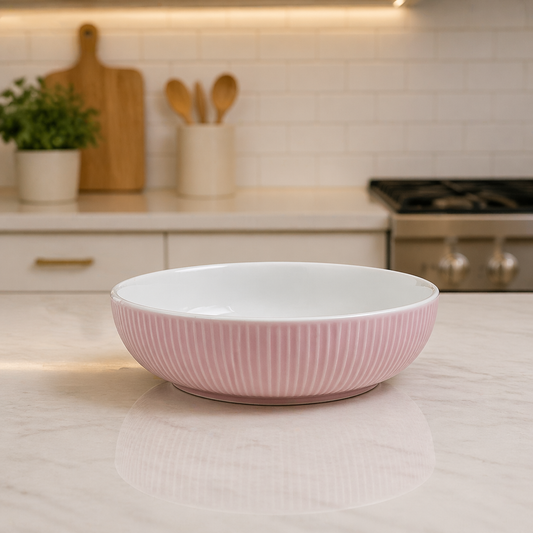 Blush Pink Ribbed Ceramic Serving Bowl – Modern Minimalist Kitchen Tableware - Habitt