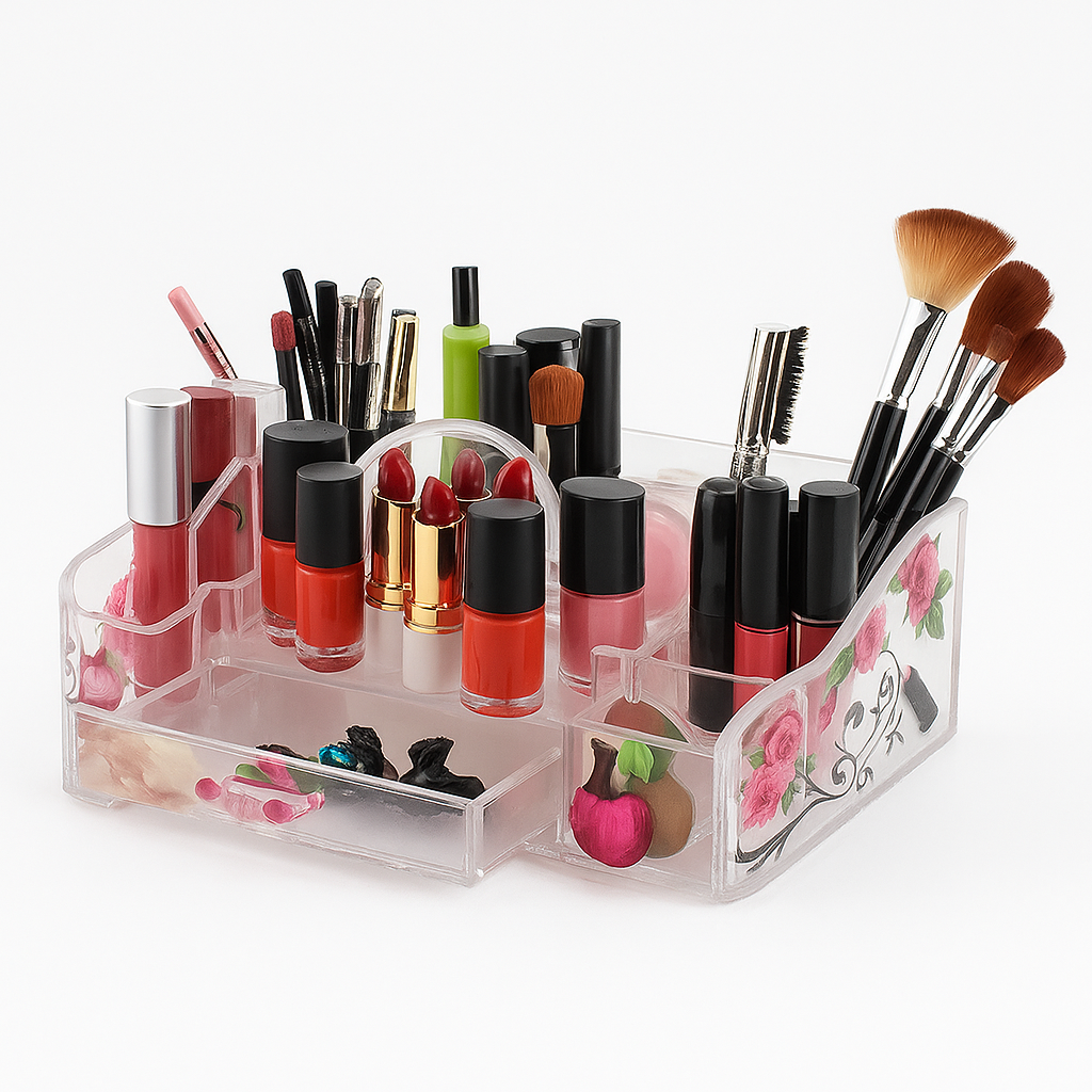 Elegant Clear Acrylic Beauty Organizer “8001-F” – Floral Pattern Multi-Compartment Makeup &amp; Brush Holder