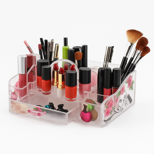 Elegant Clear Acrylic Beauty Organizer “8001-F” – Floral Pattern Multi-Compartment Makeup &amp; Brush Holder