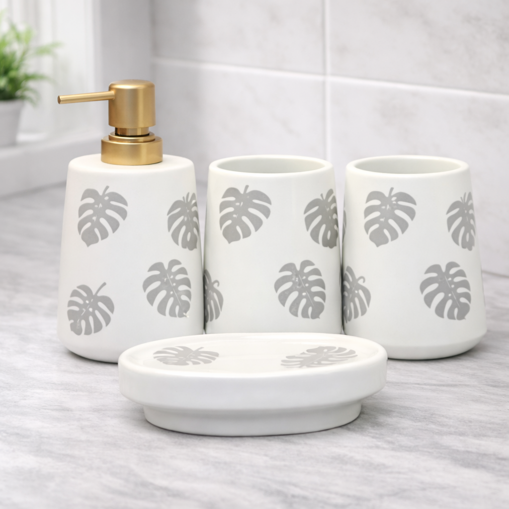 4-Piece Bathroom Accessories Set – White with Grey Leaf Design Soap Dispenser, Toothbrush Holder & Soap Dish - Habitt