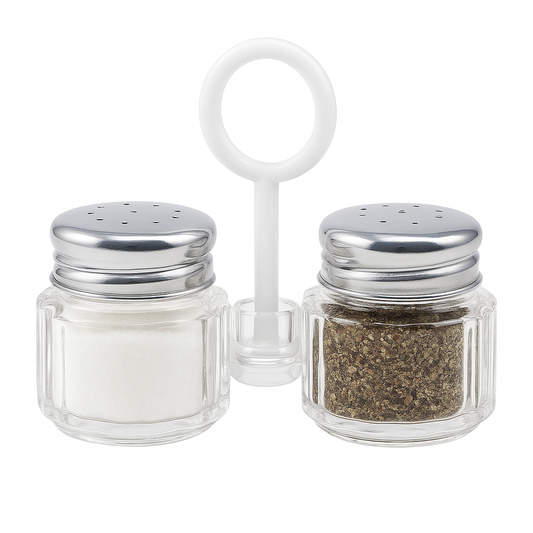 Salt & Pepper Shaker Set – 2-Piece Small Glass Jars with Silver Lids & Holder
