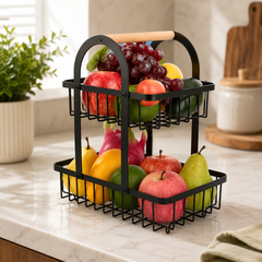 2-Tier Metal Fruit Basket – Black Wire Storage Rack with Wooden Handle