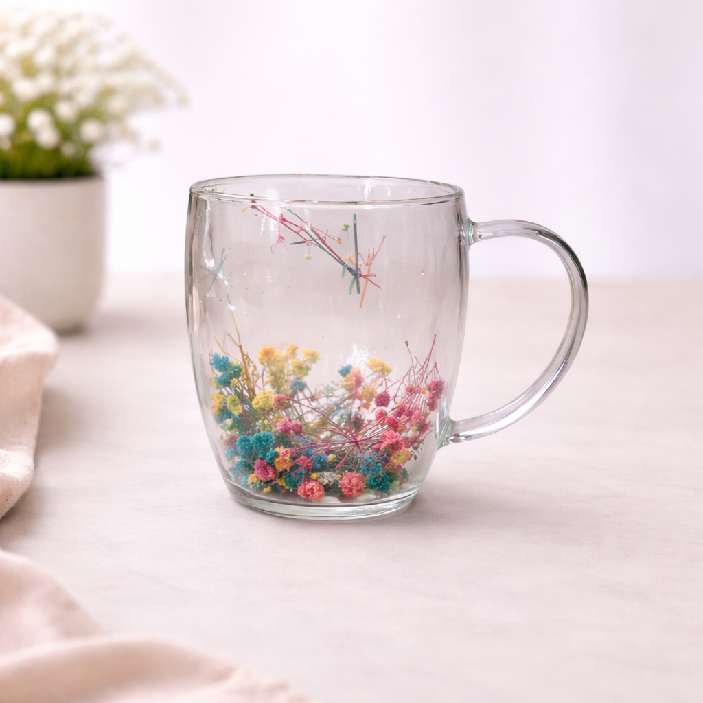 Double Wall Floral Mug – Transparent Tea & Coffee Cup with Dried Flowers